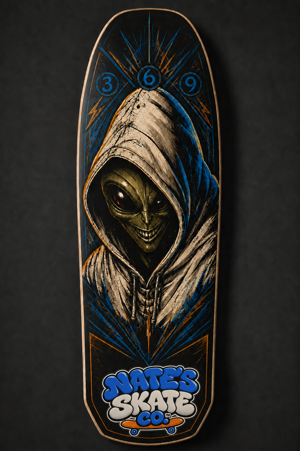 Nate's Skate Co. Whiteout Alien old-school skateboard deck with the 3, 6, 9 medallions and bubble logo on the tail