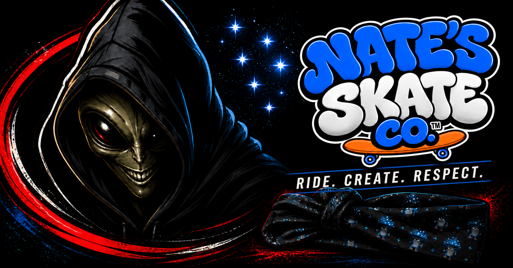 Nate's Skate Co. Drop 001 campaign with the original alien and a coiled Gustav-print handkerchief