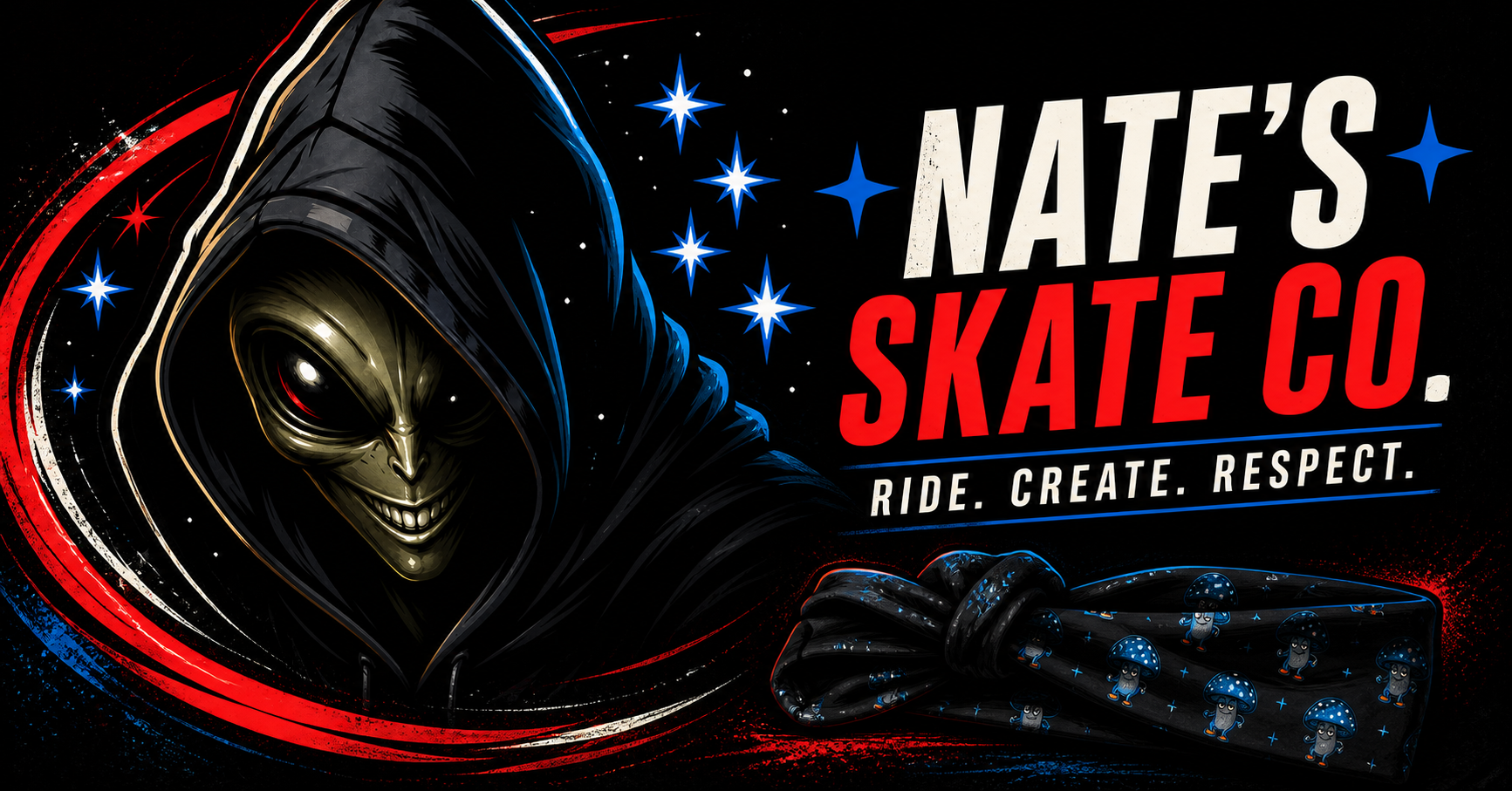 Nate's Skate Co. Drop 001 campaign with the original alien and a coiled Gustaffe-print handkerchief
