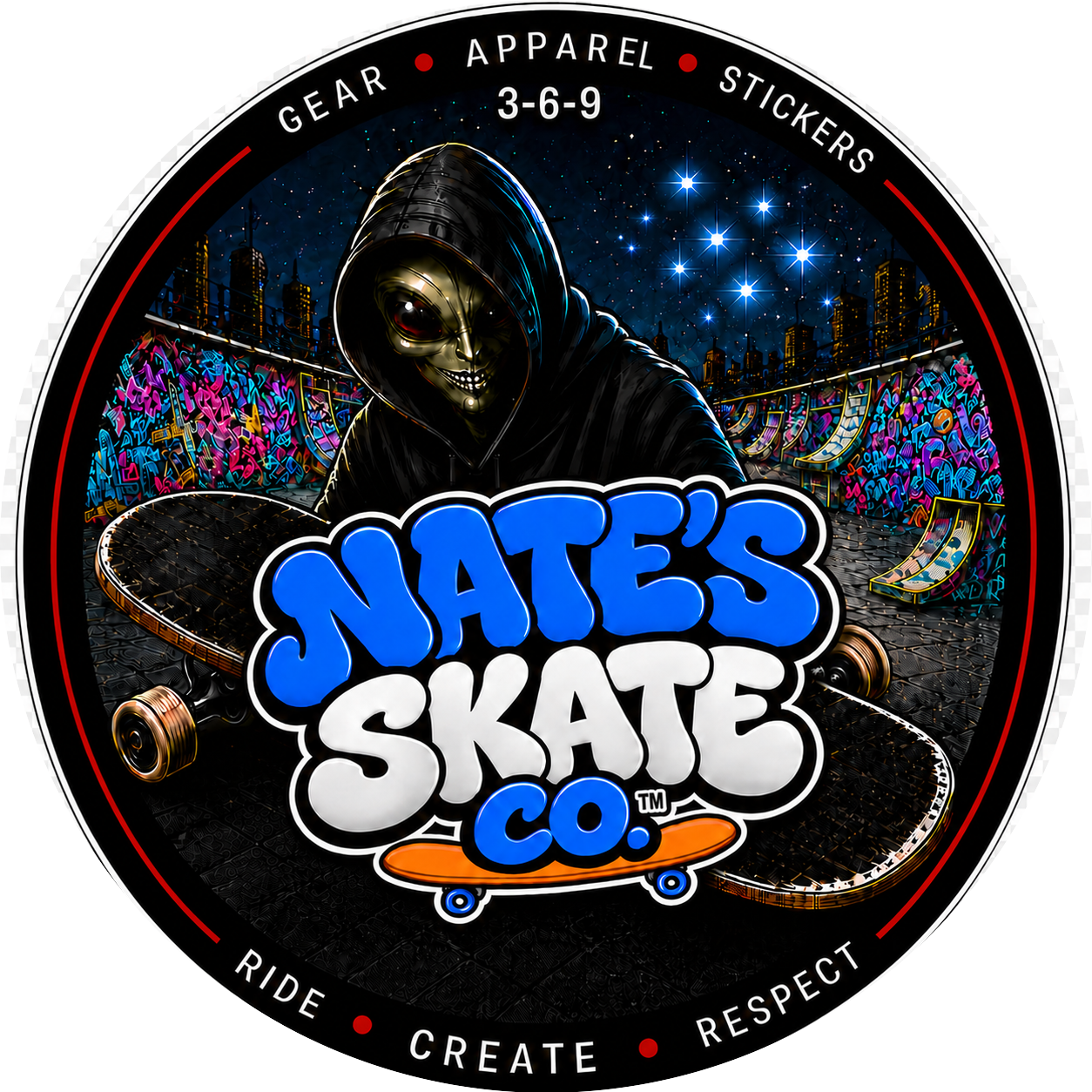 Nate's Skate Co. primary logo with the original alien and blue bubble wordmark